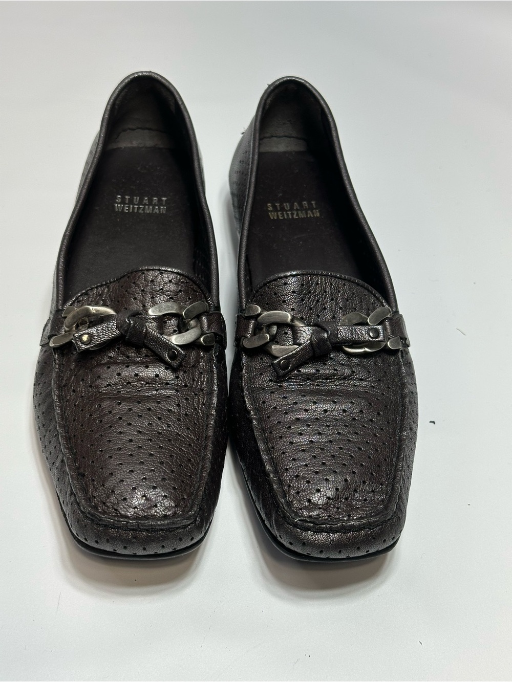 Stuart Weitzman Dark Brown Perforated Leather Bit Loafers